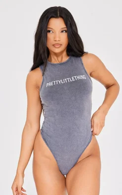 Outlet PrettyLittleThing Wash Racer Bodysuit Charcoal
