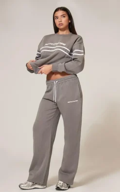 Discount PrettyLittleThing Contrast Print Wide Leg Sweatpants Charcoal