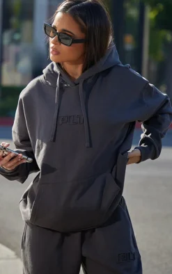 Hot PrettyLittleThing Premium Embossed Oversized Hoodie Charcoal