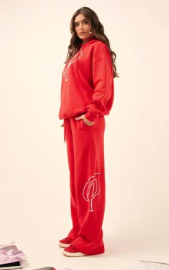 Clearance PrettyLittleThing Logo Embroidered Straight Leg Sweatpants Cherry Red