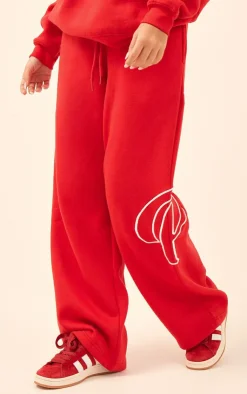 Clearance PrettyLittleThing Logo Embroidered Straight Leg Sweatpants Cherry Red