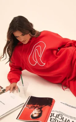 Online PrettyLittleThing Logo Embroidered Oversized Hoodie Cherry Red