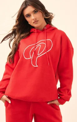 Online PrettyLittleThing Logo Embroidered Oversized Hoodie Cherry Red