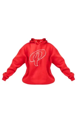 Online PrettyLittleThing Logo Embroidered Oversized Hoodie Cherry Red