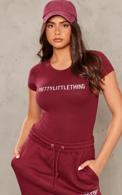 Outlet PrettyLittleThing Logo Short Sleeved Bodysuit Cherry Red