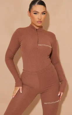 Sale PrettyLittleThing Rib Half Zip Bodysuit Chocolate