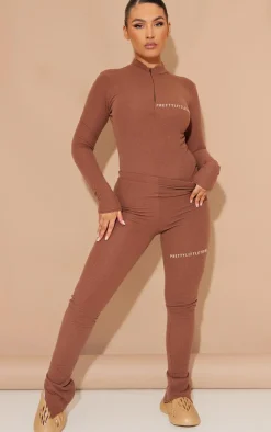 Sale PrettyLittleThing Rib Half Zip Bodysuit Chocolate