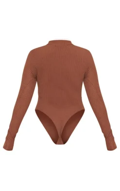 Sale PrettyLittleThing Rib Half Zip Bodysuit Chocolate