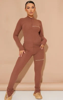 PrettyLittleThing Rib Split Hem Leggings Chocolate