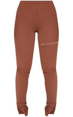 PrettyLittleThing Rib Split Hem Leggings Chocolate
