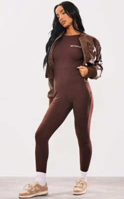 PRETTYLITTLETHING Chocolate Cotton Long Sleeve Jumpsuit