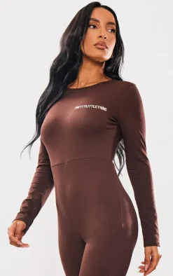 PRETTYLITTLETHING Chocolate Cotton Long Sleeve Jumpsuit