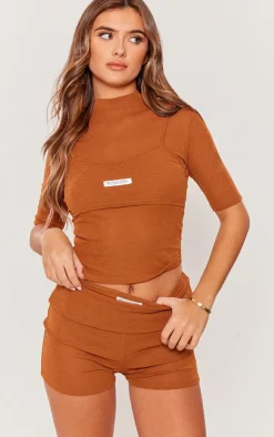 PrettyLittleThing Sheer Burnout Mesh High Neck Layered Top Chocolate