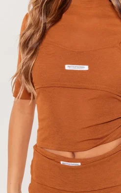 PrettyLittleThing Sheer Burnout Mesh High Neck Layered Top Chocolate
