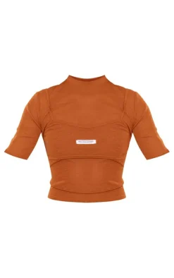 PrettyLittleThing Sheer Burnout Mesh High Neck Layered Top Chocolate
