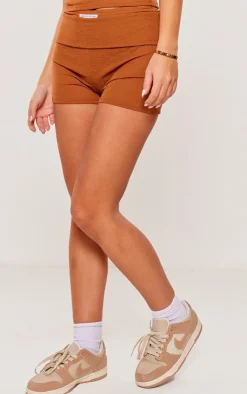 New PrettyLittleThing Sheer Burnout Mesh Hot Pant Shorts Chocolate