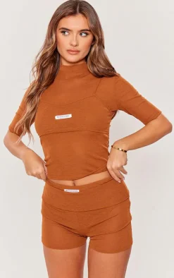 New PrettyLittleThing Sheer Burnout Mesh Hot Pant Shorts Chocolate