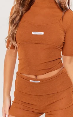 New PrettyLittleThing Sheer Burnout Mesh Hot Pant Shorts Chocolate