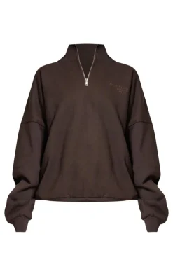 Outlet PrettyLittleThing Premium Print Half Zip Sweatshirt Chocolate