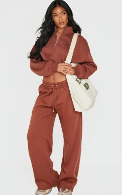 Best PrettyLittleThing Tonal Embroidered Wide Leg Sweatpants Chocolate