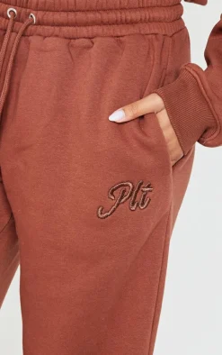 Best PrettyLittleThing Tonal Embroidered Wide Leg Sweatpants Chocolate