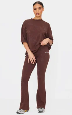 Best PrettyLittleThing Print Washed High Waist Flared Pants Chocolate