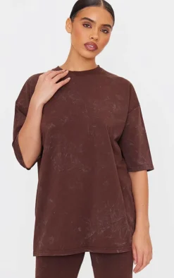 Clearance PrettyLittleThing Chocolate Print Washed Oversized T-shirt Chocolate.
