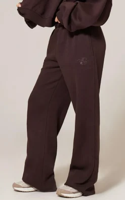 Online PrettyLittleThing Chocolate Wide Leg Embroidered Sweatpants Chocolate.