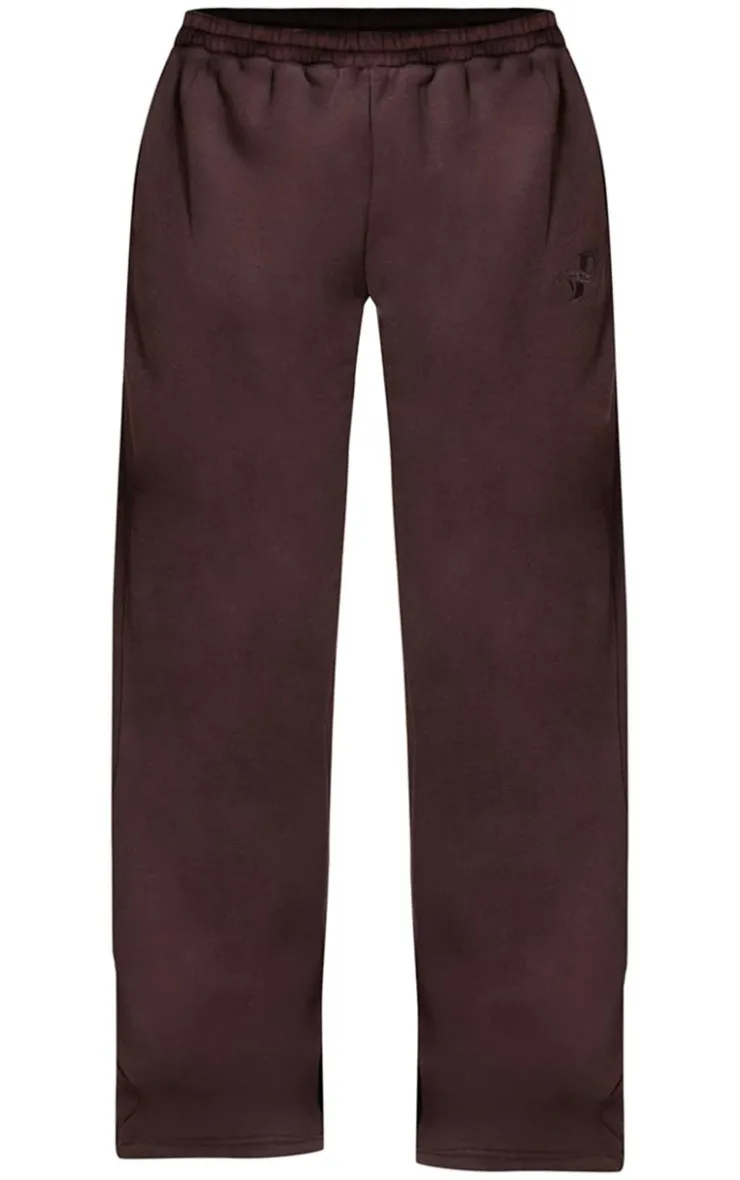 Online PrettyLittleThing Chocolate Wide Leg Embroidered Sweatpants Chocolate.