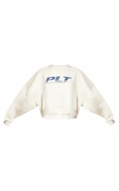 PRETTYLITTLETHING Cream Athletics Club Embossed Oversized Boxy Sweatshirt