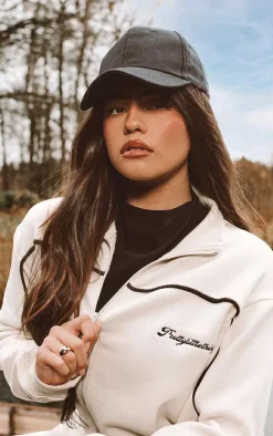 Hot PrettyLittleThing Contrast Piping Detail Zip Through Track Top Cream