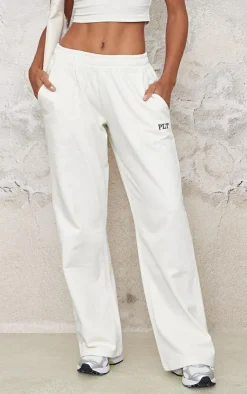 Best PrettyLittleThing Contrast Embroidery Wide Leg Low Rise Sweatpants Cream