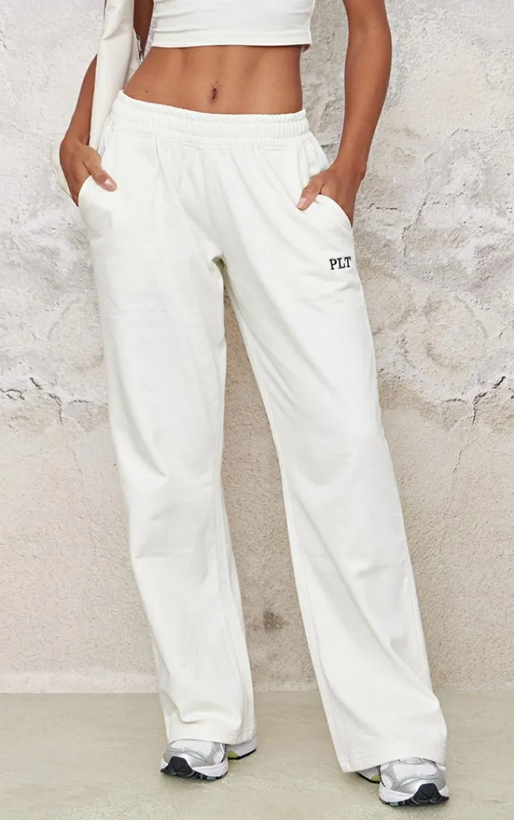 Best PrettyLittleThing Contrast Embroidery Wide Leg Low Rise Sweatpants Cream