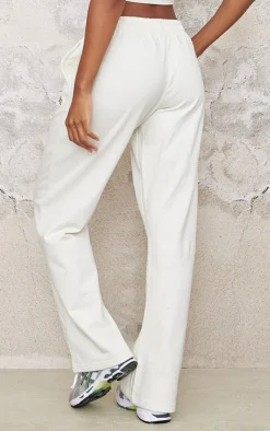 Best PrettyLittleThing Contrast Embroidery Wide Leg Low Rise Sweatpants Cream