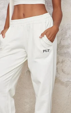 Best PrettyLittleThing Contrast Embroidery Wide Leg Low Rise Sweatpants Cream