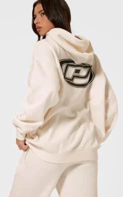 Clearance PrettyLittleThing Contrast Logo Badge Oversized Zip Through Hoodie Cream
