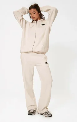 Clearance PrettyLittleThing Contrast Logo Badge Oversized Zip Through Hoodie Cream