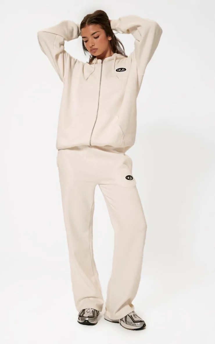 Clearance PrettyLittleThing Contrast Logo Badge Oversized Zip Through Hoodie Cream