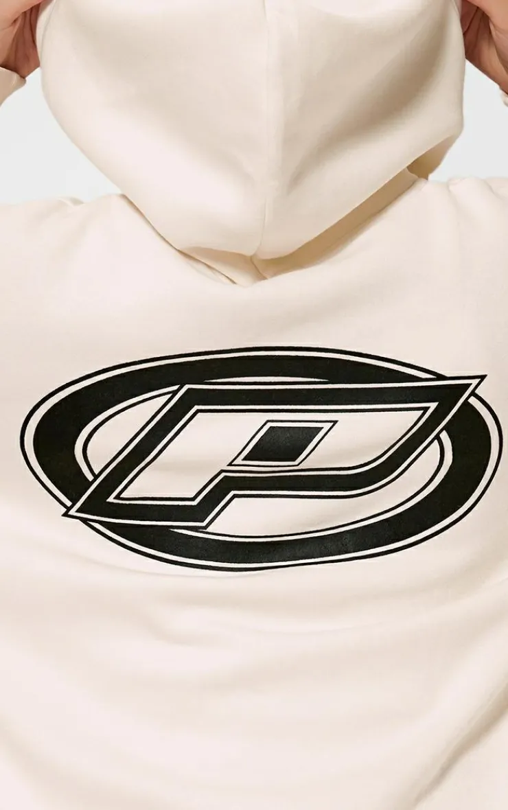 Clearance PrettyLittleThing Contrast Logo Badge Oversized Zip Through Hoodie Cream