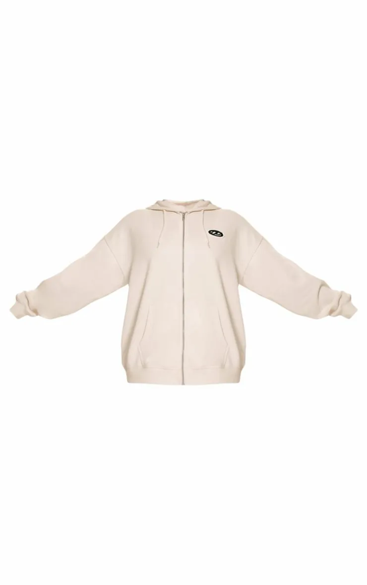 Clearance PrettyLittleThing Contrast Logo Badge Oversized Zip Through Hoodie Cream