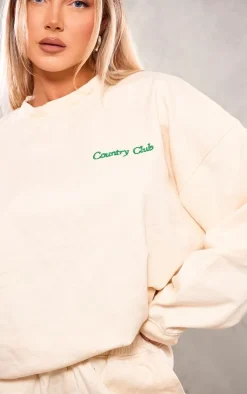 Discount PrettyLittleThing Embroidered Country Club Washed Sweatshirt Cream