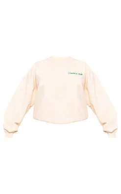 Discount PrettyLittleThing Embroidered Country Club Washed Sweatshirt Cream