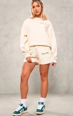 Hot PrettyLittleThing Embroidered Country Club Washed Sweat Shorts Cream