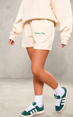 Hot PrettyLittleThing Embroidered Country Club Washed Sweat Shorts Cream