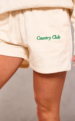Hot PrettyLittleThing Embroidered Country Club Washed Sweat Shorts Cream