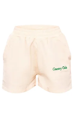 Hot PrettyLittleThing Embroidered Country Club Washed Sweat Shorts Cream