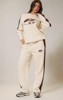 PrettyLittleThing Embroidered Contrast Panel Straight Leg Sweatpants Cream