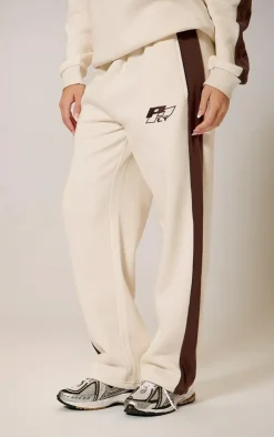 PrettyLittleThing Embroidered Contrast Panel Straight Leg Sweatpants Cream