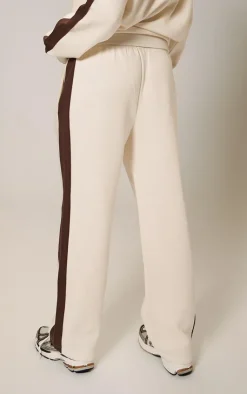 PrettyLittleThing Embroidered Contrast Panel Straight Leg Sweatpants Cream