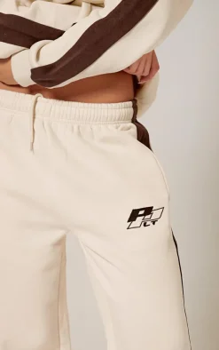 PrettyLittleThing Embroidered Contrast Panel Straight Leg Sweatpants Cream